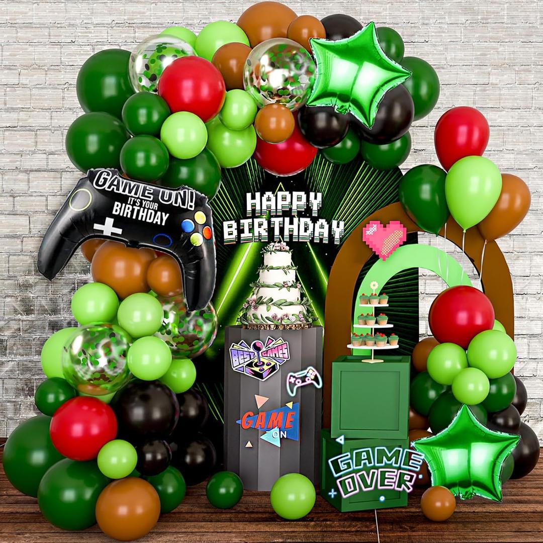 Green Brown and Black Balloon Arch Video Game Balloons Garland with Star Baloon Dark Green Confetti Ballon for Gaming Theme Birthday Supplies Baby Shower Graduation Party Decorations
