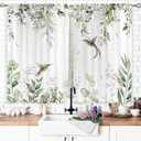 Eucalyptus Green Leaves Kitchen Curtain Rod Pocket 27.5W X 39L Inch 2 Panel Sage Green Leaf Watercolor Floral Hummingbird Small Short Cafe Tier Curtain Plant Window Drape Treatment Home Decor