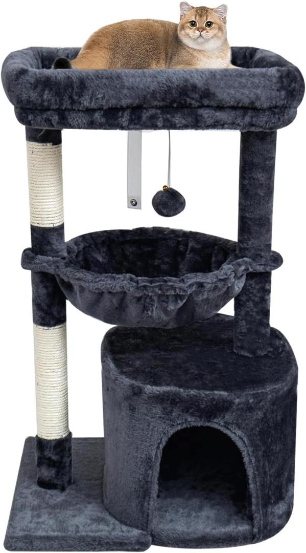 SYANDLVY Small Cat Tree for Indoor Cats, Cat Tower with Scratching Post, Modern Cat House with Padded Perch, Kittens Condo with Cradle, Smoky (29.6")