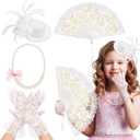 Sintege 4 Pcs Girls Tea Party Set Girls Tea Party Accessories Gloves Hats Necklace Fans for Toddler (White)