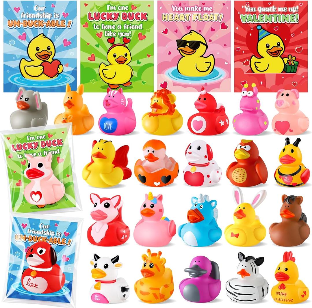24 Pcs Rubber Ducks with Valentines Day Cards for Kids School Classroom, Valentines Theme Rubber Ducks in Bulk, Valentines Day Gifts for Kids Classroom Exchange Prizes, Valentines Day Party Favors