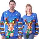 JOYIN Ugly Christmas Sweater Women Men Couples, LED Light Up Ugly Christmas Sweater Kids 2025 Reindeer(Blue) XL