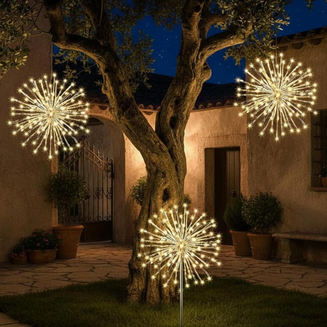 WILLBOND 3 Pcs Fairy Starburst Lighted Ball Set, Golden Tree Topper Hanging Ground Dual-use Firework Star Lights with 80 LEDs Waterproof Light Ball with Plug Hook for Holiday Yard Decor