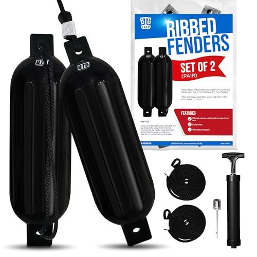 BTG Gear Set of 2 Pack 5.5" Inflatable Large Boat Fenders Bumpers for Docking w/Free 6 ft Fender Lines & Pump (Black)