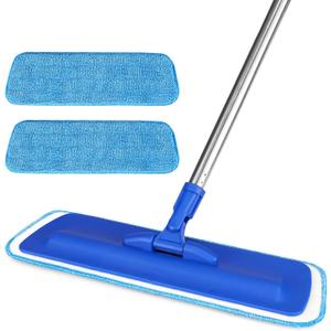 17.5" Professional Microfiber Floor Cleaning Mop, Flat Mop with Stainless Steel Handle, 2 Reusable Washable Pads, Wet and Dust Mopping for Hardwood, Vinyl, Laminate, Tile Cleaning (Blue)