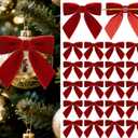 30 Pcs Velvet Bows for Christmas Tree, Pre-Tied Christmas Bows with Twist Ties & Adhesive Dots Vintage Xmas Decor for Garland Wreath Gift Packaging(3 x 3 Inch, Width of 1",Red)