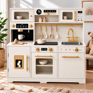 Kids Play Kitchen, Large Wooden Toy Kitchen Set with 41Pcs Food & Cookware, 43"L X 40"H
