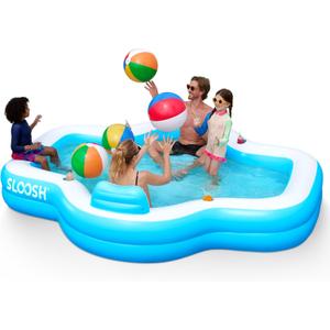 SLOOSH Inflatable Swimming Pool with Seats, 120" x 101" x 26" Full-Sized Blow Up Durable Thickened Above Ground Family Pool with Backrest Cup Holders for Summer Water Party Backyard Garden Lawn, Blue
