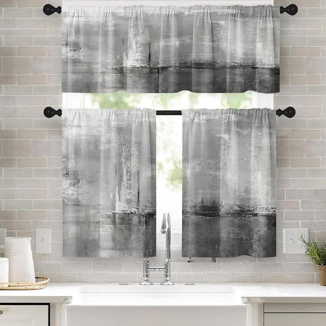 Grey Kitchen Window Curtains Valance and Tier Set 36 Inch, Abstract Art Painting Rod Pocket Short Tier Curtain for Bathroom, Modern Small Cafe Drapes for Kitchen Decor