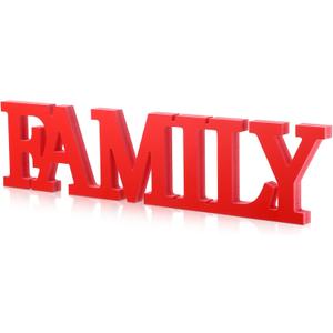 Wonderjune Wooden Home Wall Decor Sign Rustic Family Room Table Decoration Family Letter Signs for Pantry Kitchen Living Room Bedroom Shelf Mantel Fireplace Tables Centerpiece(Red)