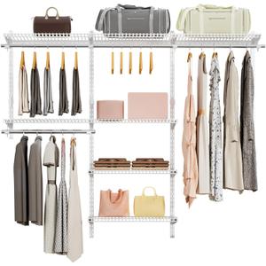 Wire Closet Organizer System, Wall Mounted 6.5 Ft. Custom Closet Kit for Bedrooms Laundry Mudroom Garage Basement, Adjustable Storage Shelves for Clothes Shoes Handbags