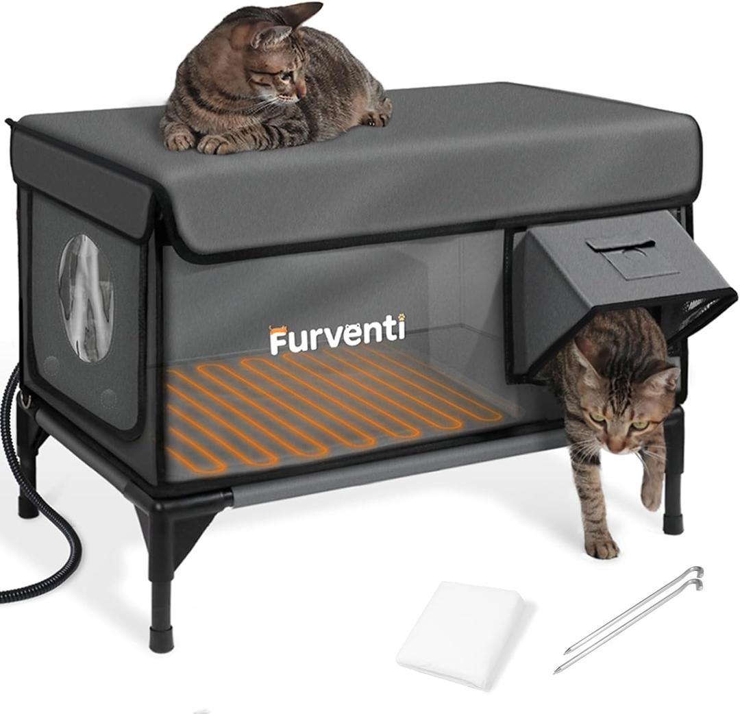 Heated Cat House for Outside,Dual Camera Mounts,100% Weatherproof & Extremely Insulated,Elevated Feral Cat Shelter with Escape Door,Waterproof Eaves for Outdoor Stray Barn Cat(Dark Grey,M) (23.6"L x 16.5"W x 18.5"H)