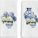 Blue and White Porcelain Chinoiserie Kitchen Towels Set of 2, Hydrangea Floral Dish Towels Tea Towels for Kitchen, Chinoiserie Decor Hand Towels for Bathroom, Grand Millennial Decor 16x24 Inch
