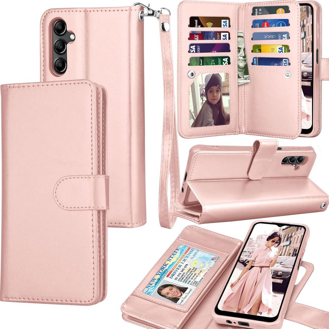 Tekcoo Galaxy A14 5G Case, PU Leather Wallet, Detachable Magnetic Hard Case, Kickstand, 11 Card Slots, Rose Gold