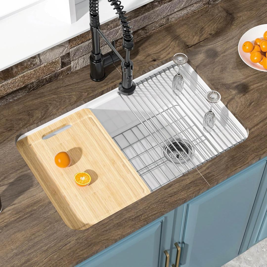 HOMLYLINK Undermount Workstation Kitchen Sink White 30 x 19 Inch Offset Drain, Single Bowl Topmount Fireclay Drop In Sink Reversible, Dual Mount Heavy Duty Deep Basin for Kitchen