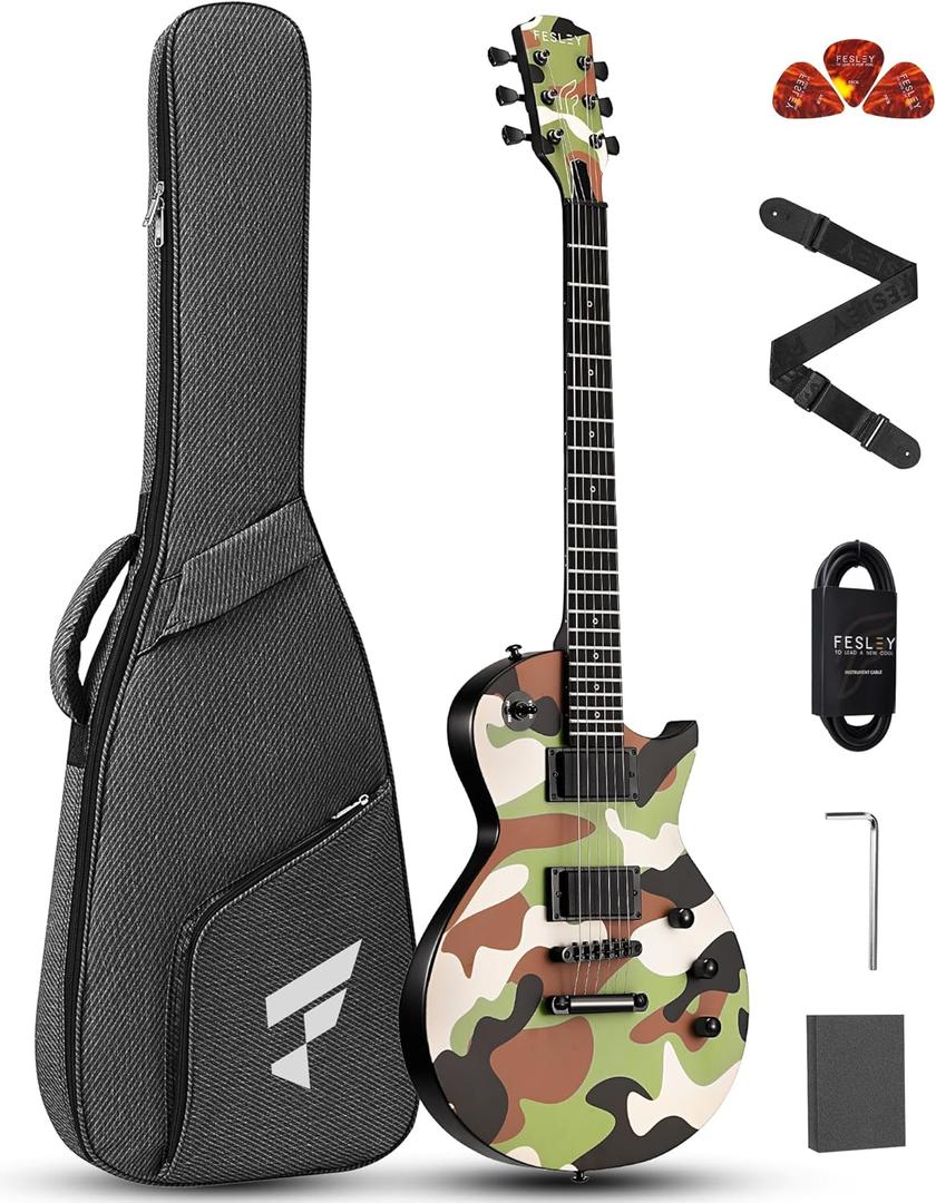 Fesley 39" LP Electric Guitar Kit: Full Size Solid Body Electric Guitars for Beginners with Humbucker Pickups,Poplar Body,Mahogany Neck,22 Frets,6 String Guitar with Gig Bag, FLP400,Matte,Camouflage
