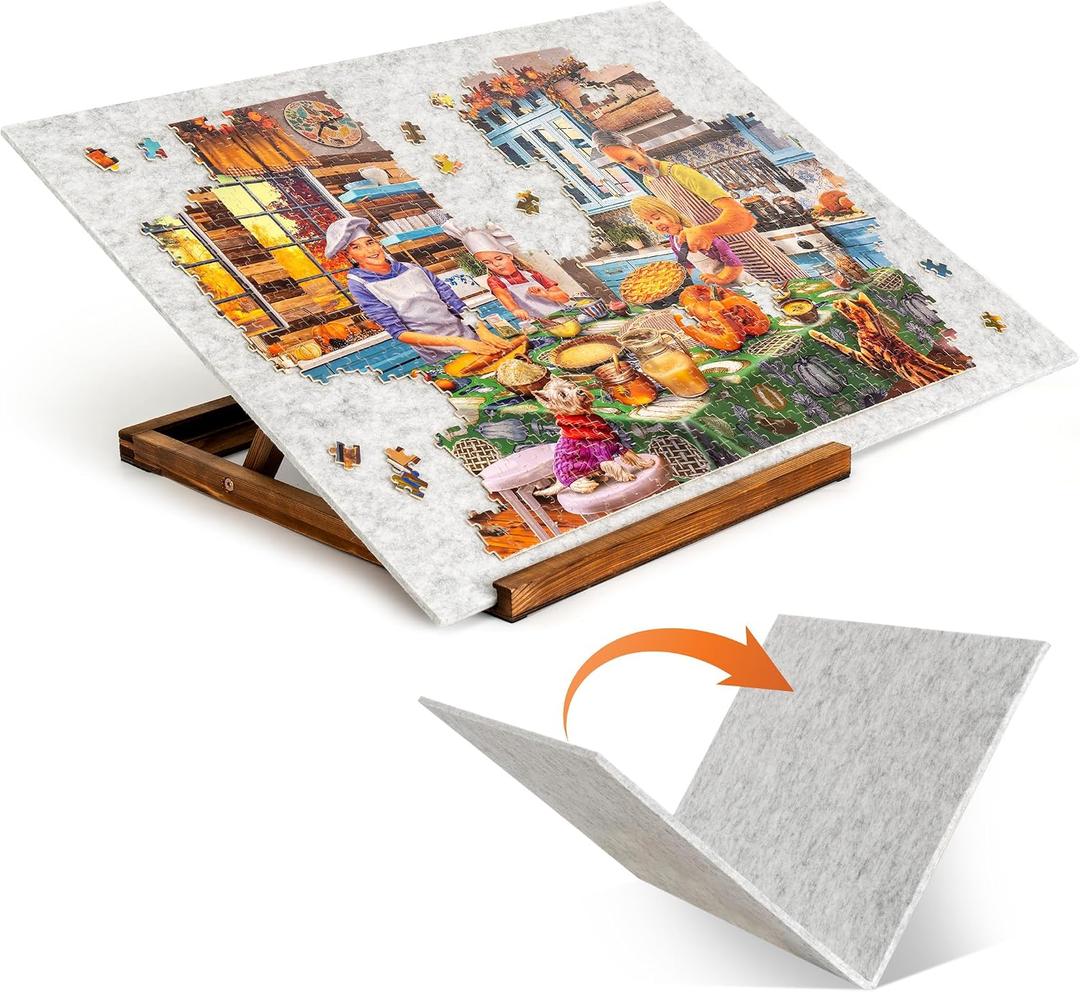 Tektalk Foldable Jigsaw Puzzle Board with 3 Angle Adjustable Bracket/Stand, Lightweight Portable Puzzle Mat Plateau with Wooden Easel, Foldaway Felt Puzzle Table, for Up to 1000 Pieces (Light Gray), 30.7 X 22.4 Inches