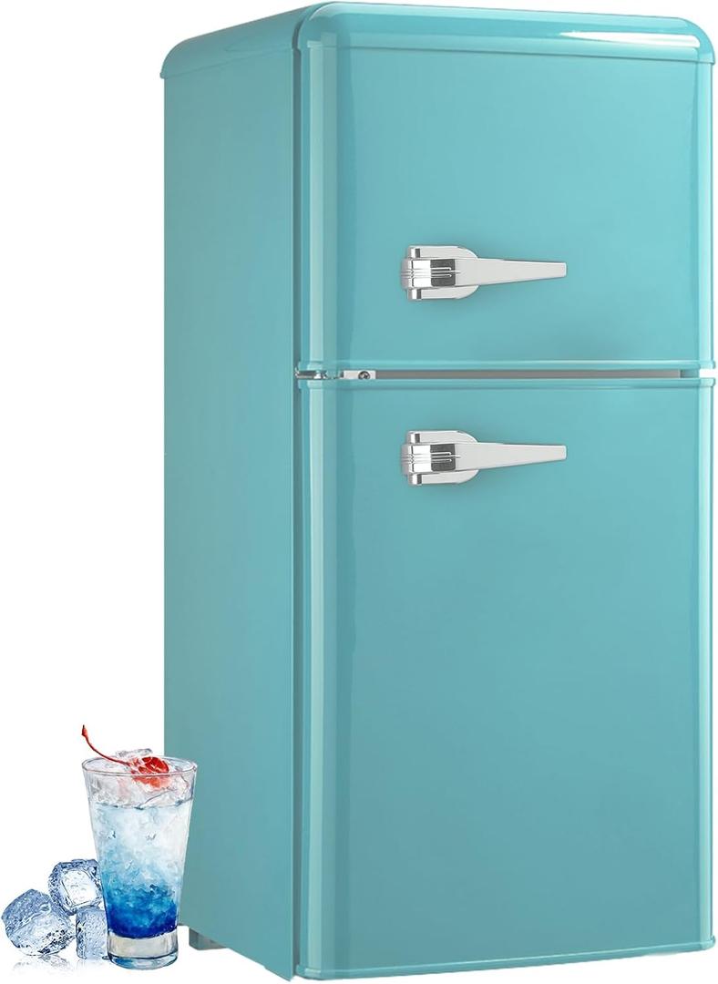 Retro Mini Fridge 3.2 Cu. Ft. Apartment Size Refrigerator with Freezer, 7-Level Adjustable Thermostat Small Retro Refrigerator with Freezer 2-Door Vintage Compact Fridge for Dorm Office RV, Mint Blue