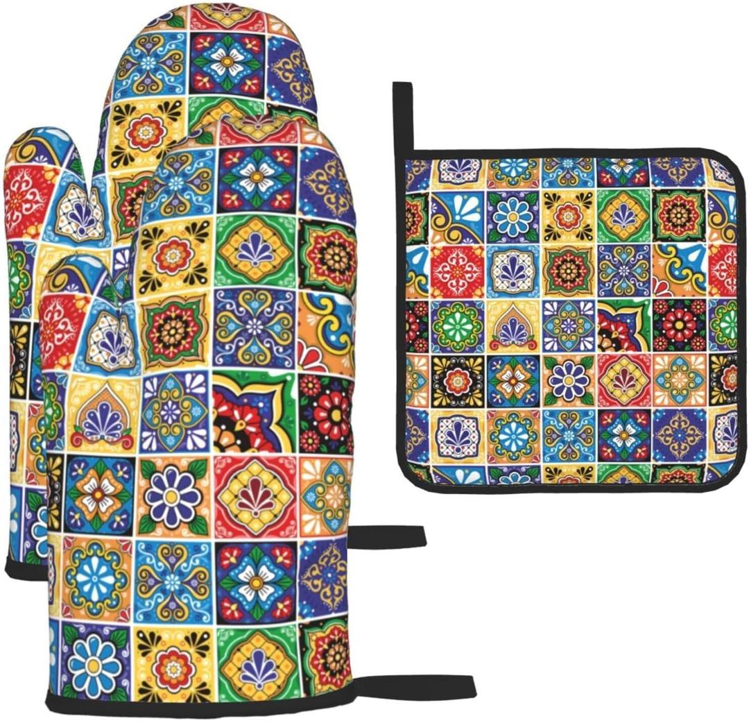 Mexican Talavera Tile Oven Mitts and Pot Holders Sets of 3, Heat Resistant Non-Slip Polyester Colorful Talavera Kitchen Gloves Gifts for Cooking Lovers, Vibrant Kitchen Decor for Baking BBQ Cooking