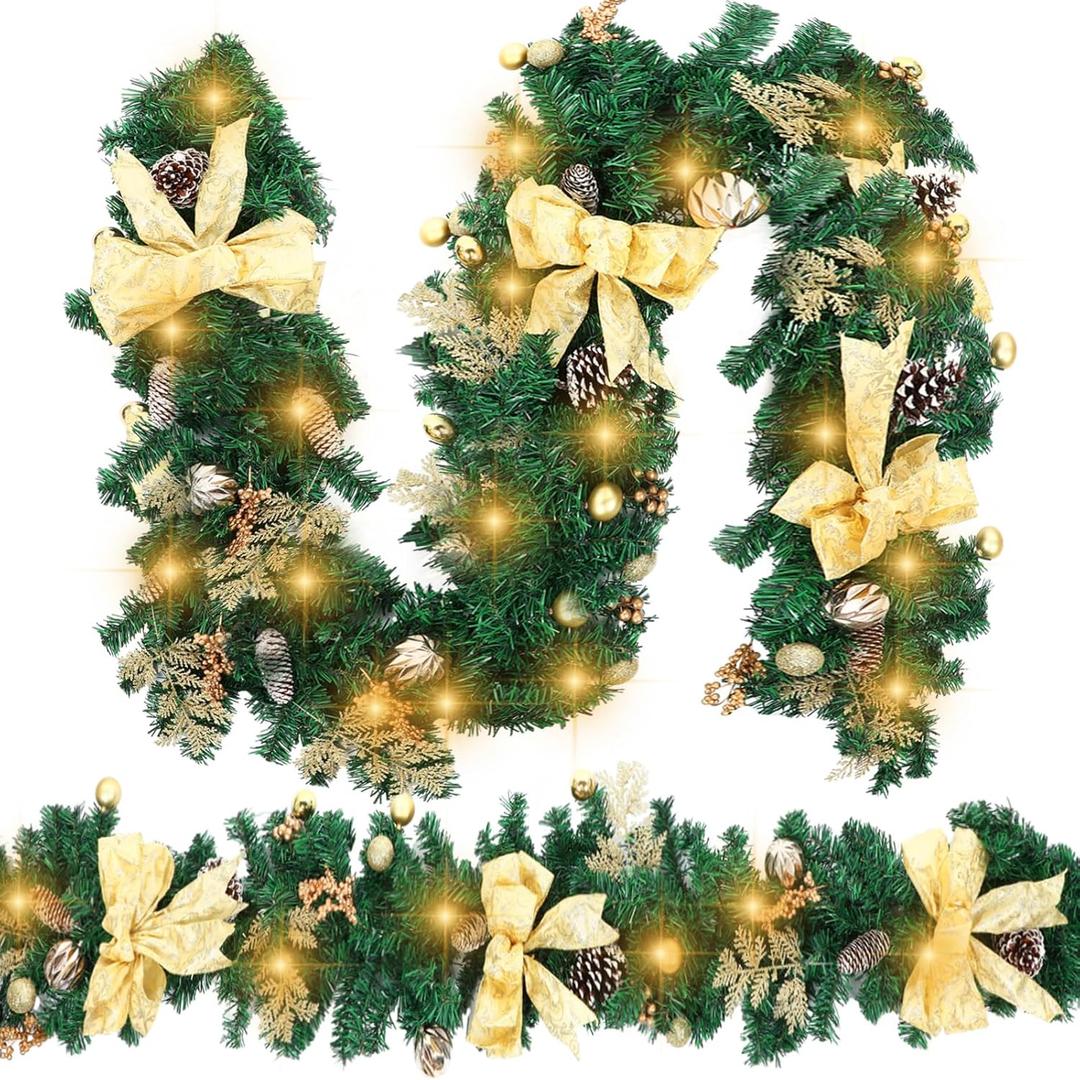 2 Pack 6 Ft Christmas Garland with LED Lights Pre Lit Outdoor Christmas Garland with Pine Cones Bow Gold Berry for Fireplace Mantel Holiday Indoor Decor, Total 12ft