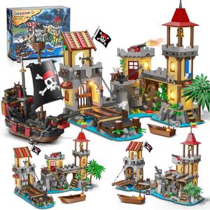 Pirate Castle Building Set with Light, 3 Modes Big Pirates Ship Bay Building Block 1502 PCS, Medieval Pirate Wharf House Construction Model Toy Home Decor for Adults Teens Boys Girls 10-12+