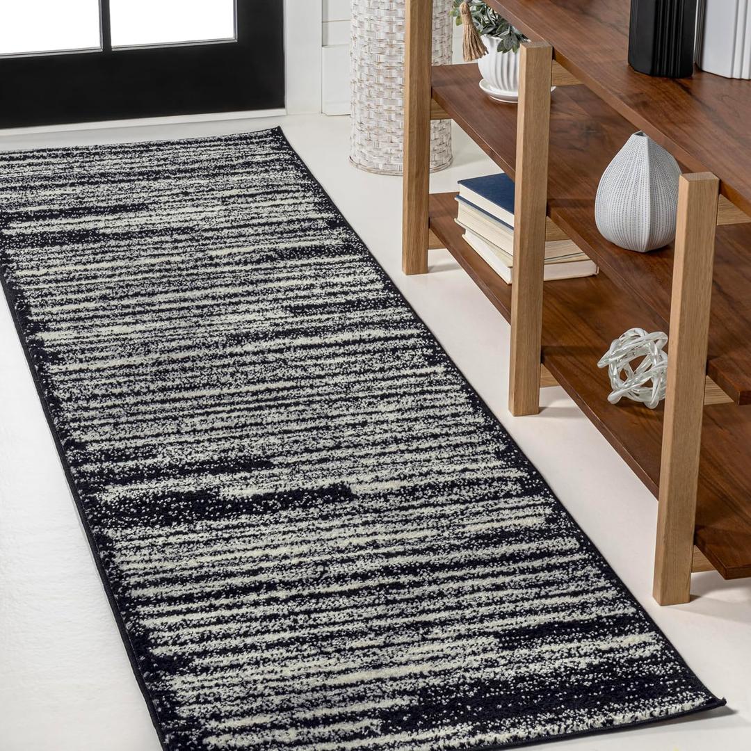 JONATHAN Y Khalil Modern Berber Stripe Black/Cream Runner Rug, 2x8, Contemporary, Bohemian, Easy-Cleaning for Living Room, Bedroom, Kitchen, Pet Friendly, Non-Shedding 