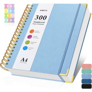 Spiral Notebook 8.5" x 11", 300 Numbered Pages Notebooks College Ruled with Tabs, Hardcover Leather Lined Journal for Women Men, 100GSM Thick Journals for Writing, Large A4 Notebooks for Work School (Light Blue)