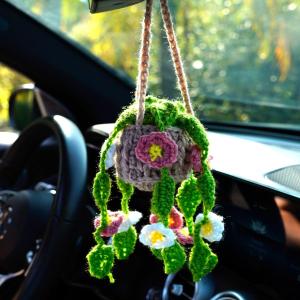Crochet Hanging Plant for Rear View Mirror Accessories Hanging Decor Boho Car Accessories Interior Aesthetic Cute Car Decor for Women (Green 3)