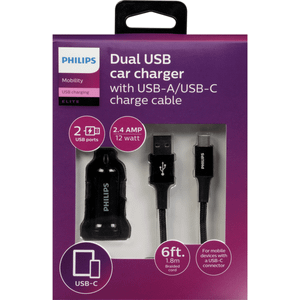 Philips Dual USB Car Charger, with USB-A/USB-C Charge Cable