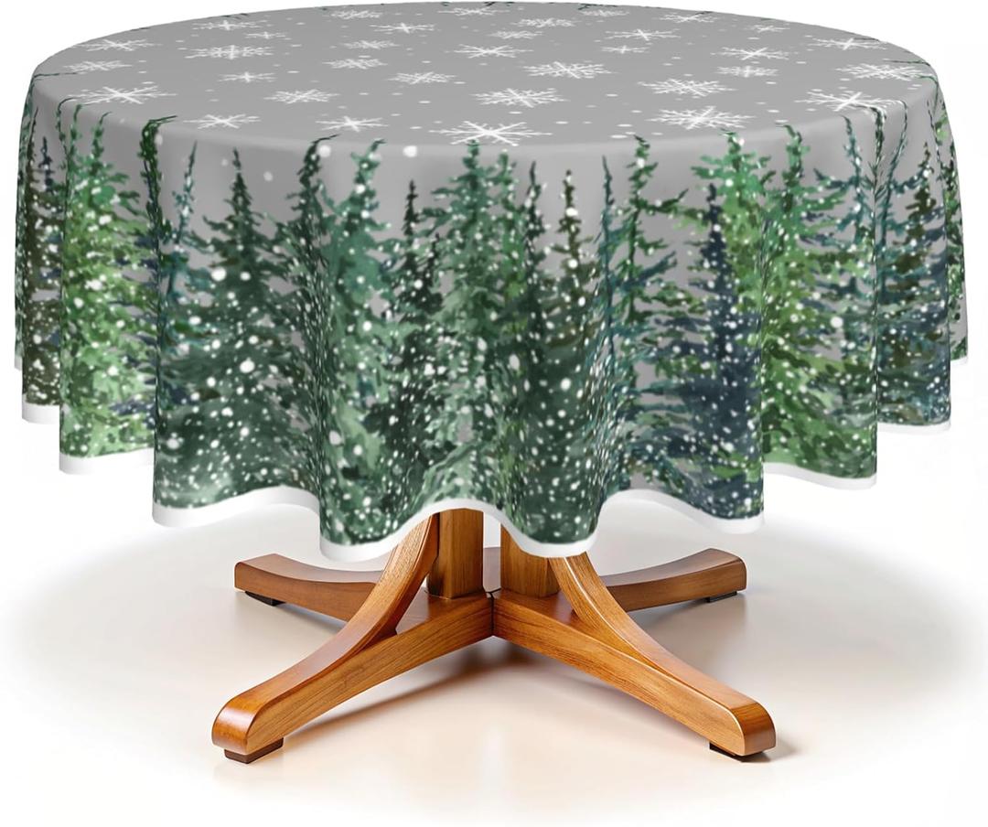 Robvobe Christmas Tablecloth Round 60 Inch Winter Rustic Watercolor Tree Snowflakes Grey Green Nature Forest Print Decorative Washable Polyester Table Cloth for Party Picnic Home Kitchen Decor