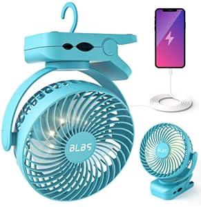BLBS Clip on Fan 65Hrs Camping Fan with LED Light, 12000mAh Battery Operated Fans & PortableFan Rechargeable, Small Desk Fans USB TravelFan for Tent Camping Golf Stroller, Blue
