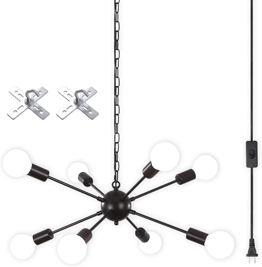 LASENCHOO 8 Lights Plug in Chandelier,Hanging Lights with Plug in Cord 16.4ft & On/Off Switch,Black Plug in Pendant Light,Modern Sputnik Chandeliers for Dining Room Living Room Bedroom Kitchen Island (8 Lights-Black-E26-Plug In)
