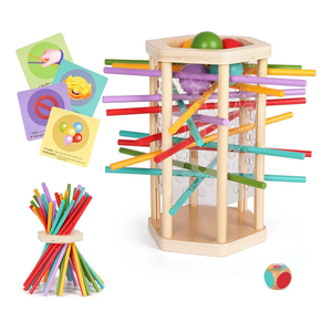 4 in 1Montessori Game Toy Wooden Board Game with Cards,Colorful Wooden Sticks Dice Game Math Educational Toys Sticks Stacking Game,Fine Motor Skills Game & Counting Toy Family Travel Game Gifts