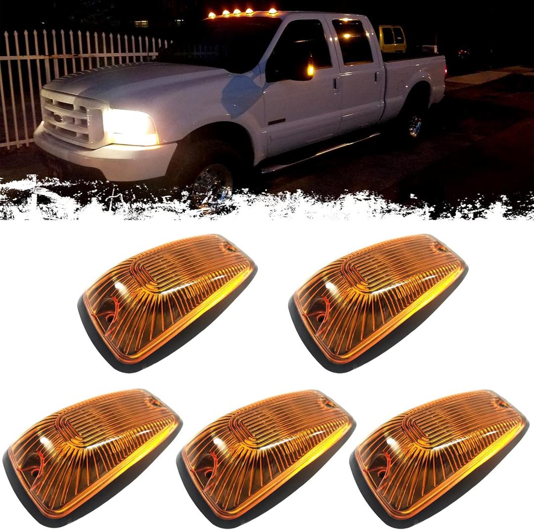 PSEQT 5Pcs Cab Roof Marker Lights LED Top Clearance Marker Light Compatible for 1988-2002 C/K 1500 2500 3500 5500 6000 6500 7000 7500 12V Signal Running Lights w/Amber Cover & T10 LED