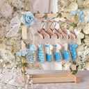 Suclain Mini Wooden Cookie Hangers and Rack Display Stand for Baby Shower Bridal Shower with 6 Hangers, Wood Cookie Rack with Faux Flowers, Vines, Ribbon and Treat Bags for Candy Table Wedding(Blue)