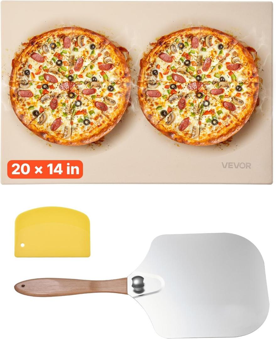 VEVOR Pizza Stone, 20 x 14 x 0.6 in Rectangular Cordierite Pizza Stone, 1450 Heat-Resistant Cook Stone, Extra Large Baking-Stone with Metal Peel, Scraper, for Kitchen Bake Oven, BBQ Grill