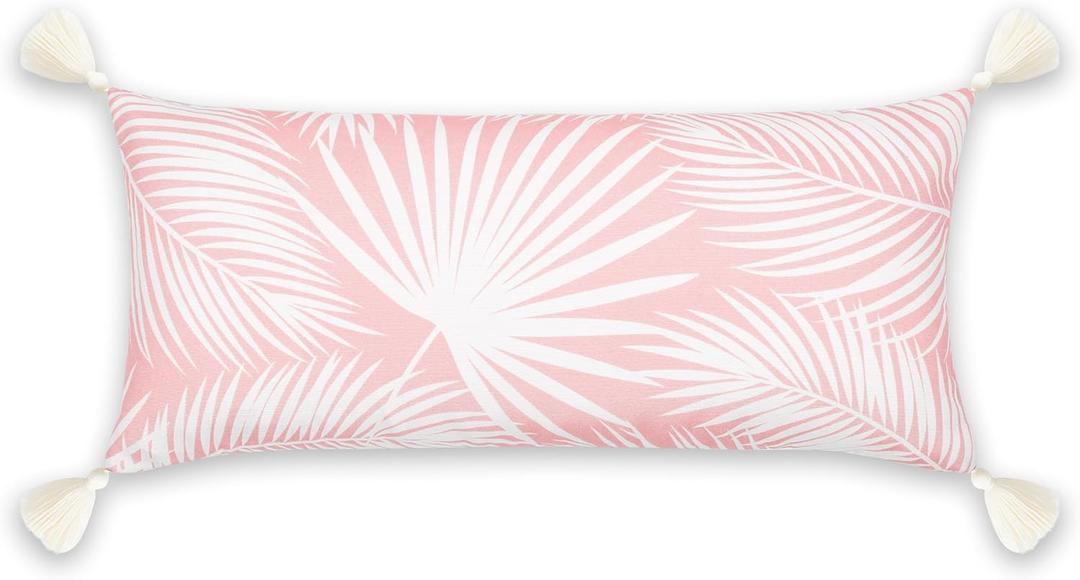 Hofdeco Premium Coastal Patio Indoor Outdoor Long Lumbar Pillow Cover Only, 12"x26" Water Repellent for Backyard, Couch, Blush Pink Palm Leaf with Tassels, 2 pieces