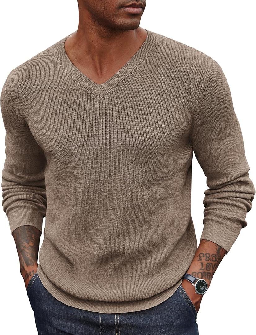 COOFANDY Men V Neck Dress Sweater Knit Long Sleeve Casual Slim Fit Pullover Sweater (3X-Large, Dark Khaki)