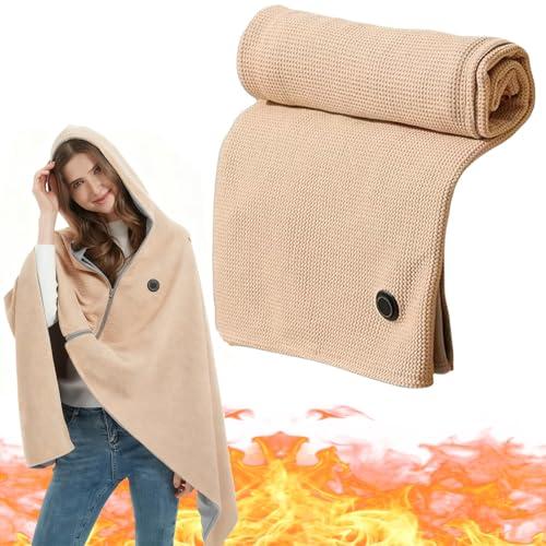 ZRW Heated Shawl Wraps for Women,Portable Heated Shawl,Portable USB Hooded Heated Blanket Shaw-l,Soft Zipper Wraps for Women with 3 Heating Levels for Outdoor, Home(Power Bank)