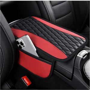 Patchwork Leather Center Console Covers for Cars,Upgraded Arm Rest Cover for Car with Side Storage Pocket for Car Seat Organizer,Middle Console Cover Stylish Car Decoration (Red)