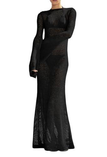 Saodimallsu Women's Crochet Cover Ups Long Sleeve Sexy Mesh Backless Knit Swimsuit Coverup Beach Maxi Dress Black S