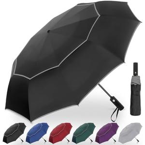 Satol Extra Large Golf Umbrella, 46/54/62 Inch Windproof 10 Ribs Vented Double Canopy Reflective Strips Automatic Open/Close Waterproof UV Protection Portable Compact Umbrella for Outdoor & Travel (Black Round Handle)