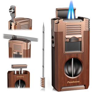 Torch Lighter with Cutter, Punch, Holder, Draw Enhancer Tool, and Dual Windproof Jet Flames, Refillable Butane Lighters with Gift Box, Multi-Function Lighter Accessories, Cool Lighters for Men (Yellow Peach Wood Grain)