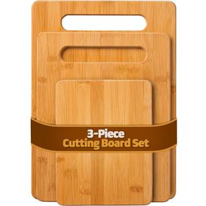 3 Piece Cutting Board Set - Reversible Bamboo Wood Cutting Boards for Kitchen, Chopping Meat, Vegetables, Fruit, Cheese, Charcuterie - Assorted Sizes with Handles for Meal Prep & Serving, Kitchen Gift