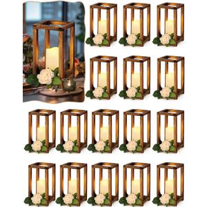 Huquary 32 Pcs/16 Set Wooden Wedding Lantern Centerpiece Include Farmhouse Candle Holders and Flameless LED Candles for Rustic Wedding Table Decoration