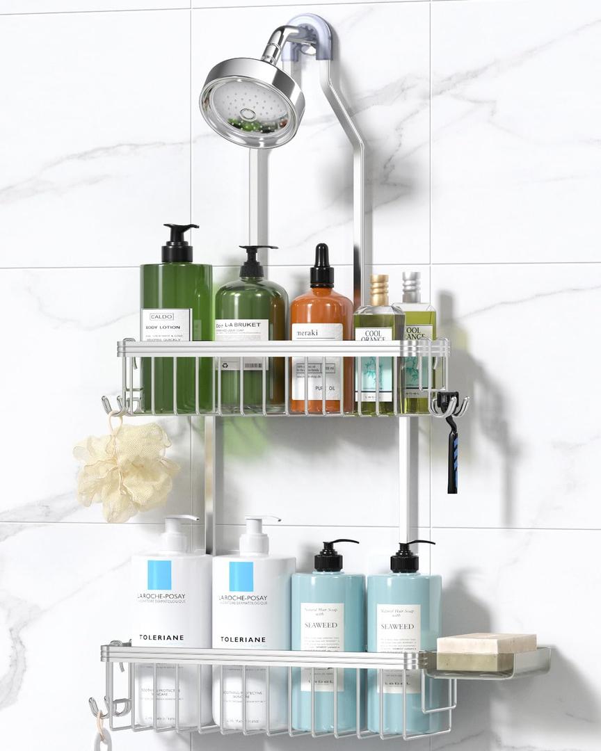 YASONIC Shower Caddy Hanging - Never Rust Shower Organizer - Aluminum Shower Rack with Hooks for Razor/Sponge, Bathroom Organizers and Storage Hanging with Soap Basket- Silver