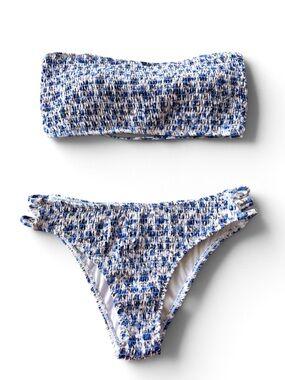 Women's Strapless Ditsy Blue Floral Bikini Set, Backless High Cut Swimwear, Casual 2 Pieces Beach Outfits For Summer Holiday,Vacation Holiday, Medium 