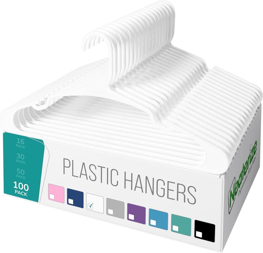 NEATERIZE Clothes Hangers Plastic 100 Pack For Adults - Plastic Hangers, The Perfect Coat Hanger and Space Saving Clothes Hangers for Closet, Percheros Ganchos para Colgar Ropa Hangars - White Hangers