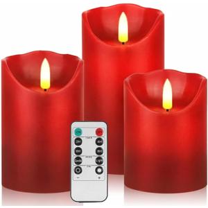3 Pack Red Flameless Candle Set, 4" 5" 6" Flickering Battery Operated Candles with Remote Control, Electric Candle with Timer, Dancing Flames Real Wax Pillar LED Candle for Home Decor Festive Party