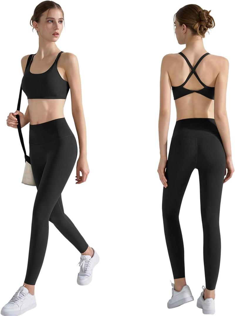 EFOGEP Womens 2 Piece Workout Set Cross Back Sports Bra High Waisted Yoga Pants Stretchy Athletic Outfit for Yoga Gym Pilates (Black, XL)